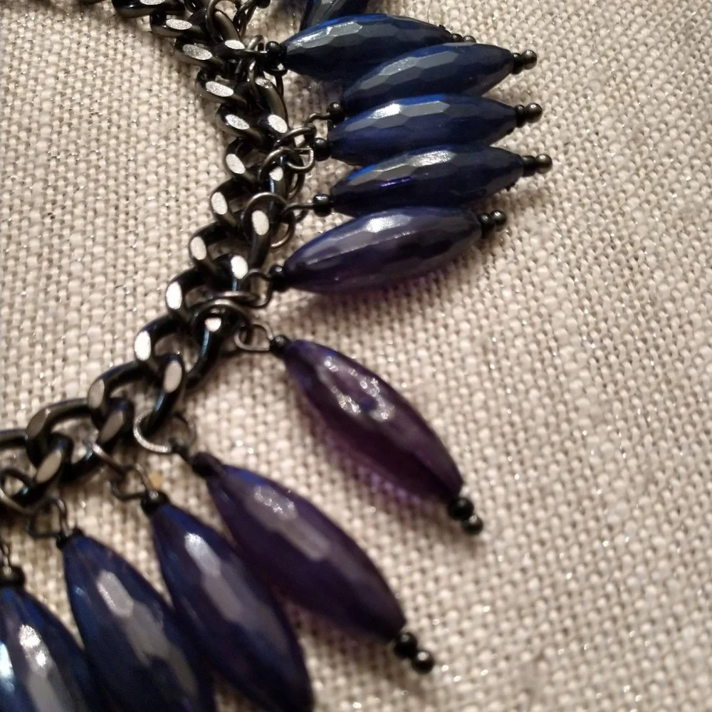 Dark blue beaded fringe tassel statement necklace